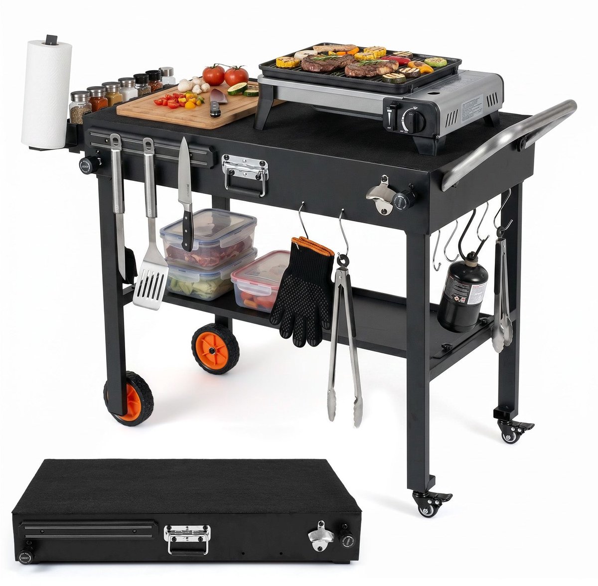 Buitenkeuken op Wielen – BBQ Trolley – Met Opbergkast & Planken – Werktafel voor Buiten – staal – Multifunctioneel – Zwart