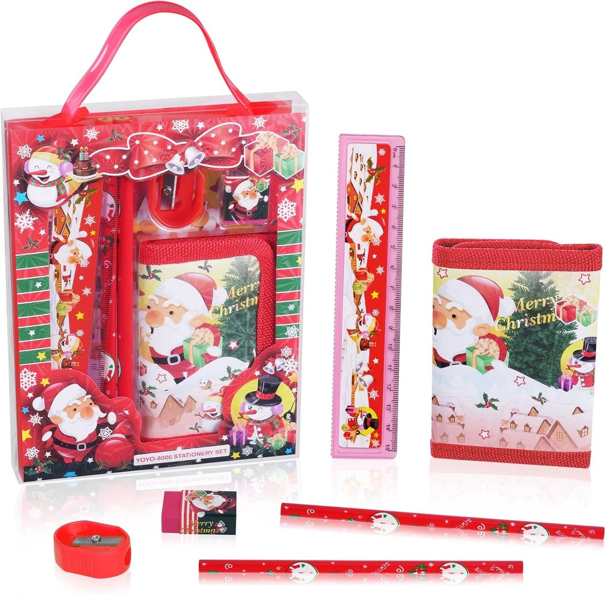 Kerstcadeauset met 6 Stuks: Pennenzak, Munthouder, Liniaal, Puntenslijper en Gum voor Creatieve Studenten