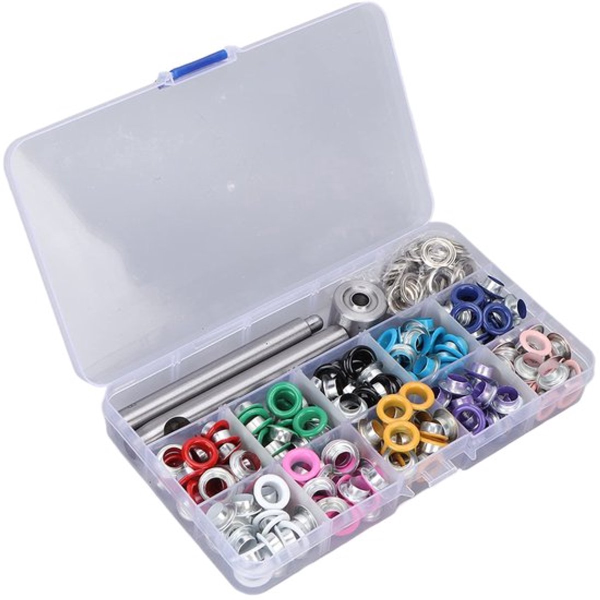 Afsluitring Gereedschap Set, Materiaal Set, Gereedschap 8 mm, Ogen, Kleur in Doos, 0.3 Inches, Gekleurde Gecoate Oogjes, Afsluitringen