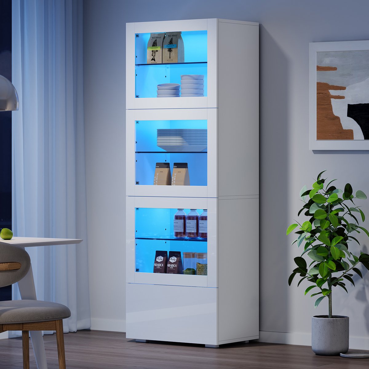 MODFU - Vitrinekast - LED Verlichting - Verstelbare Planken - Lade - Wit