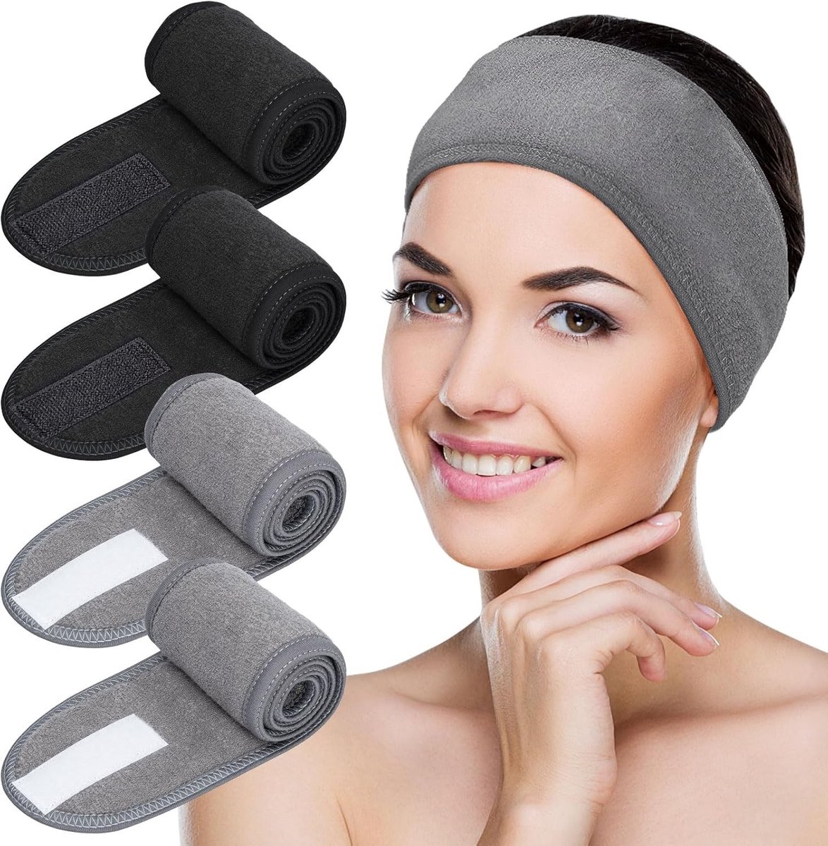 Set van 4 Verstelbare Spa Hoofdbanden van Terry, Ideaal voor Make-up, Sport en Yoga, Met Klittenbandsluiting (Zwart + Grijs)
