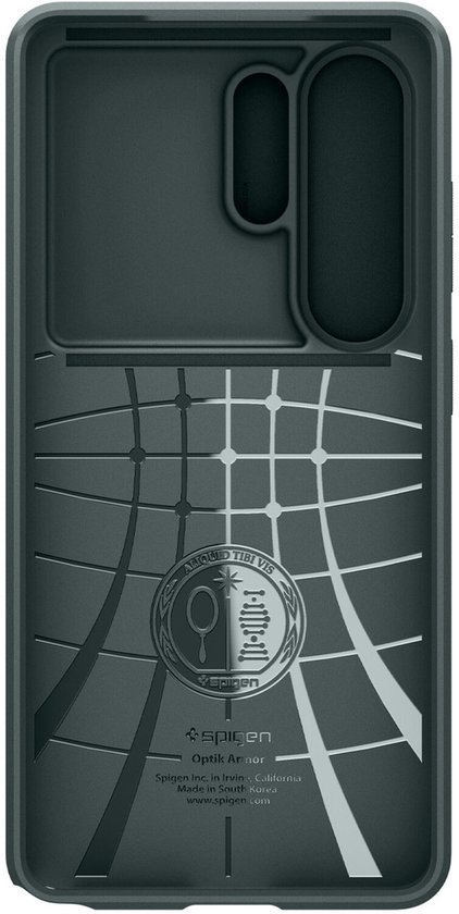 Binnenzijde van de donkergroene telefoonhoes met Spigen logo en beschermende structuren.