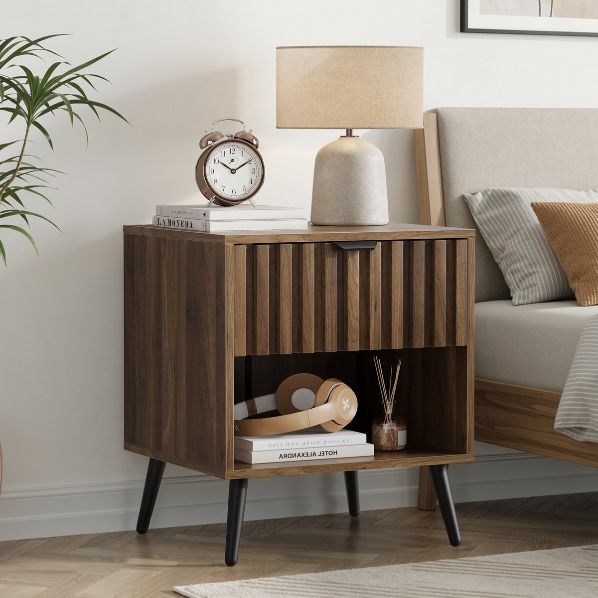 MODFU - Nachtkastje - Walnoot - Modern - 1 Lade - Open Vak - Metaal - 45 X 40 X 53 Cm