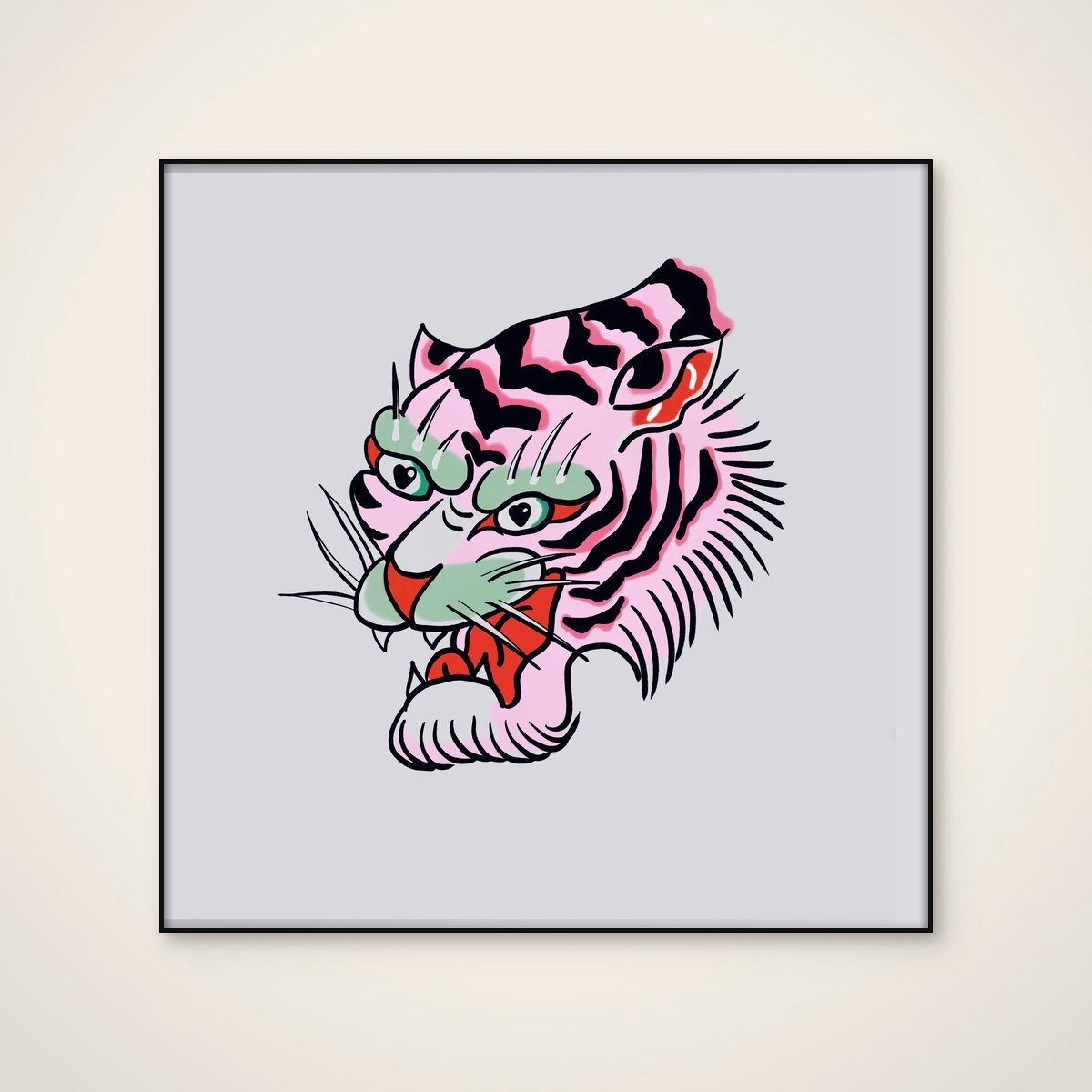 Akoestisch schilderij - 100 x 100 cm - Pink Roaring Tiger van Mela Patterns - Dieren wanddecoratie - zwart textielframe