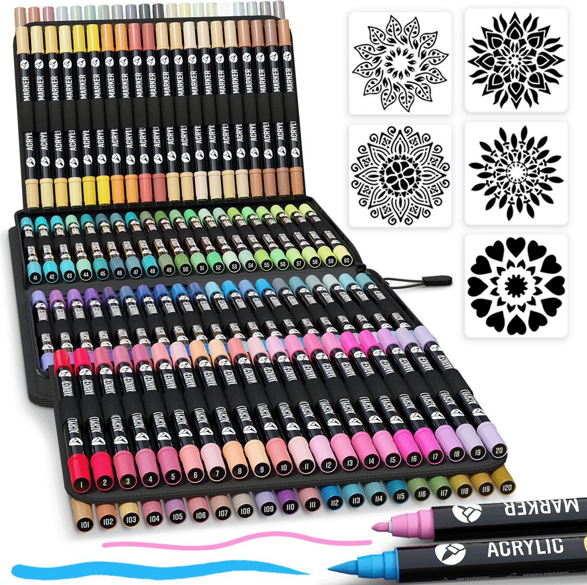Napi Acrylstiften 120st - Brush en Fine Tip Twinmarkers - Verfstiften Happy Stones - Stenen Schilderen met Acryl Verf Marker Stiften - Volwassenen en Kinderen - Incl. 5 Mandala Sjablonen