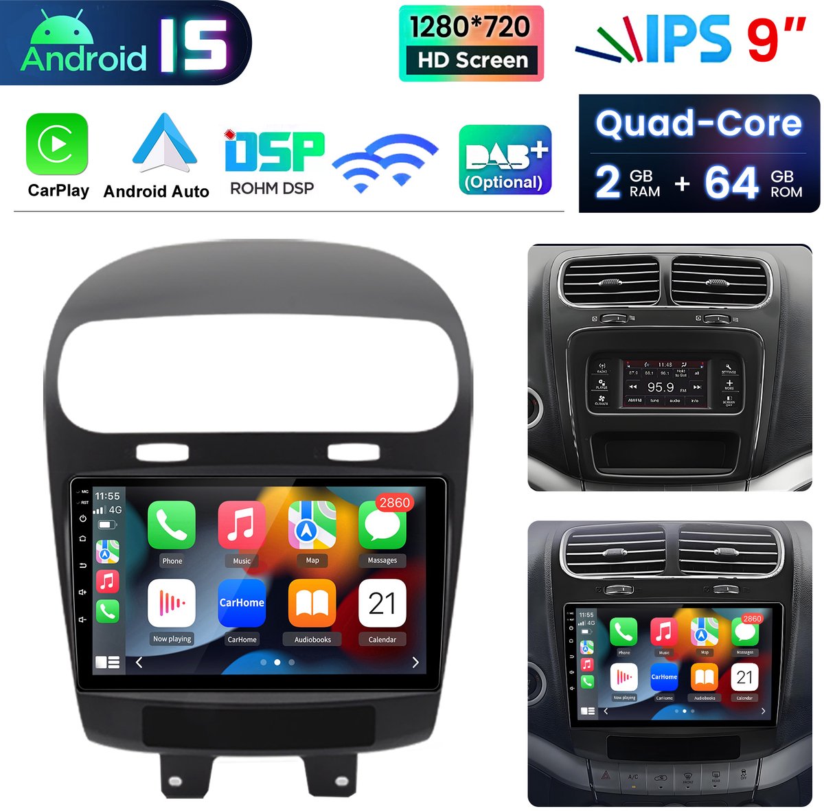 HexinexMarket Autoradio Geschikt voor Dodge Journey/ Fiat Freemont 2012-2020 - Draadloos CarPlay, Android Auto, GPS Navi, multimediaspeler - 2GB+64GB