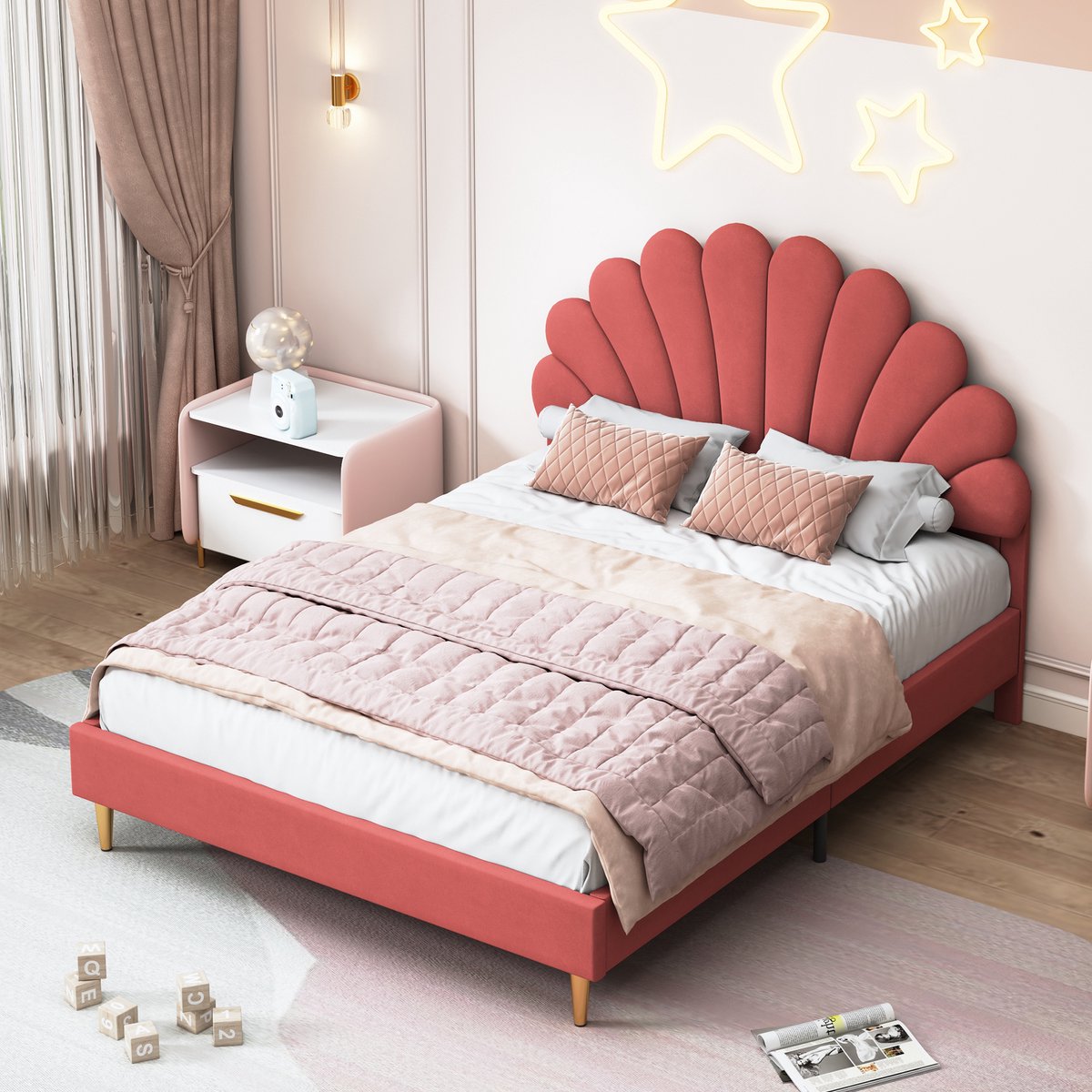 Tweepersoonsbed 140x200 cm, Gestoffeerd met bloemvormig hoofdeinde, in hoogte verstelbaar, bedframe met lattenbodem voor tieners en volwassenen, Rood fluwelen