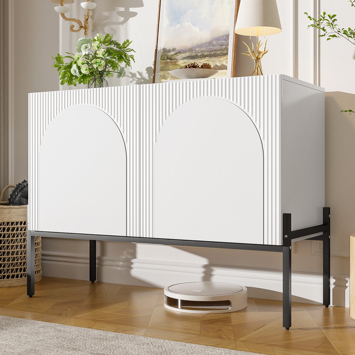 MODFU - Sideboard - Dubbele Deuren - Metaalpoot - Wit - 100 X 40 X 75 Cm