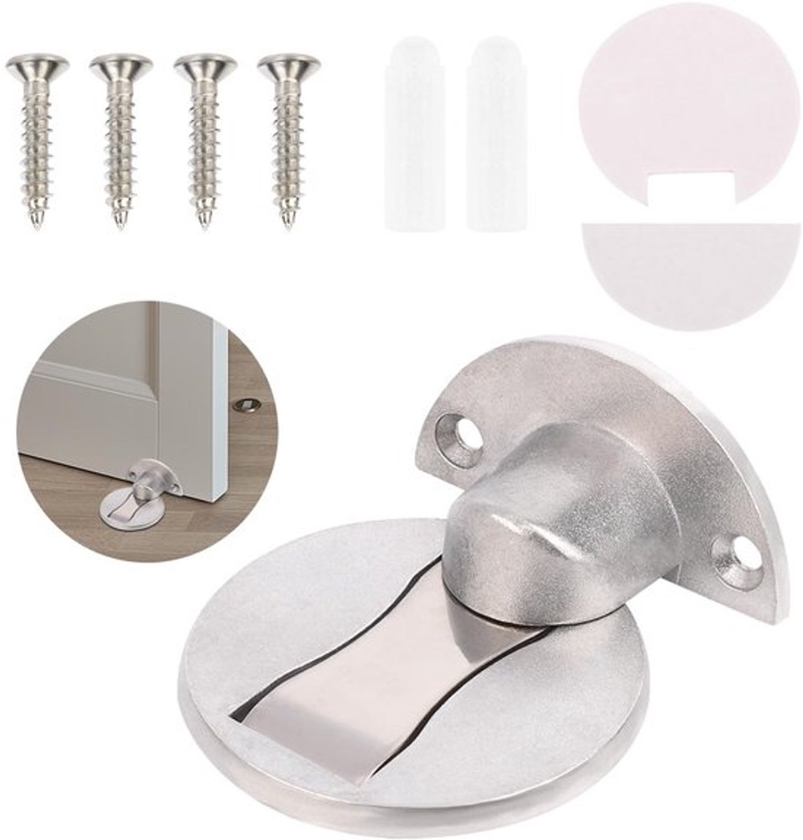 Magnetische Deurstopper, Aluminiumlegering Vloerdeurstopper Boorvrij met Schroeven Lijm voor Slaapkamer Woonkamer Kantoor School (Zilver)