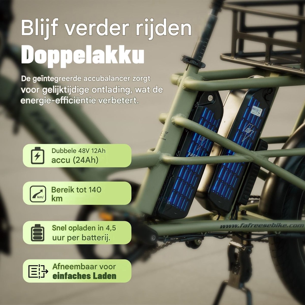 FAFREES 20 inch elektrische fiets met kinderzitjes – E-fiets – E-Bakfiets24Ah accu – maximaal 200kg draagvermogen – max 25km/u – tot 140km – voor gezinsuitjes en dagelijkse boodschappen –Groen thumbnail 4