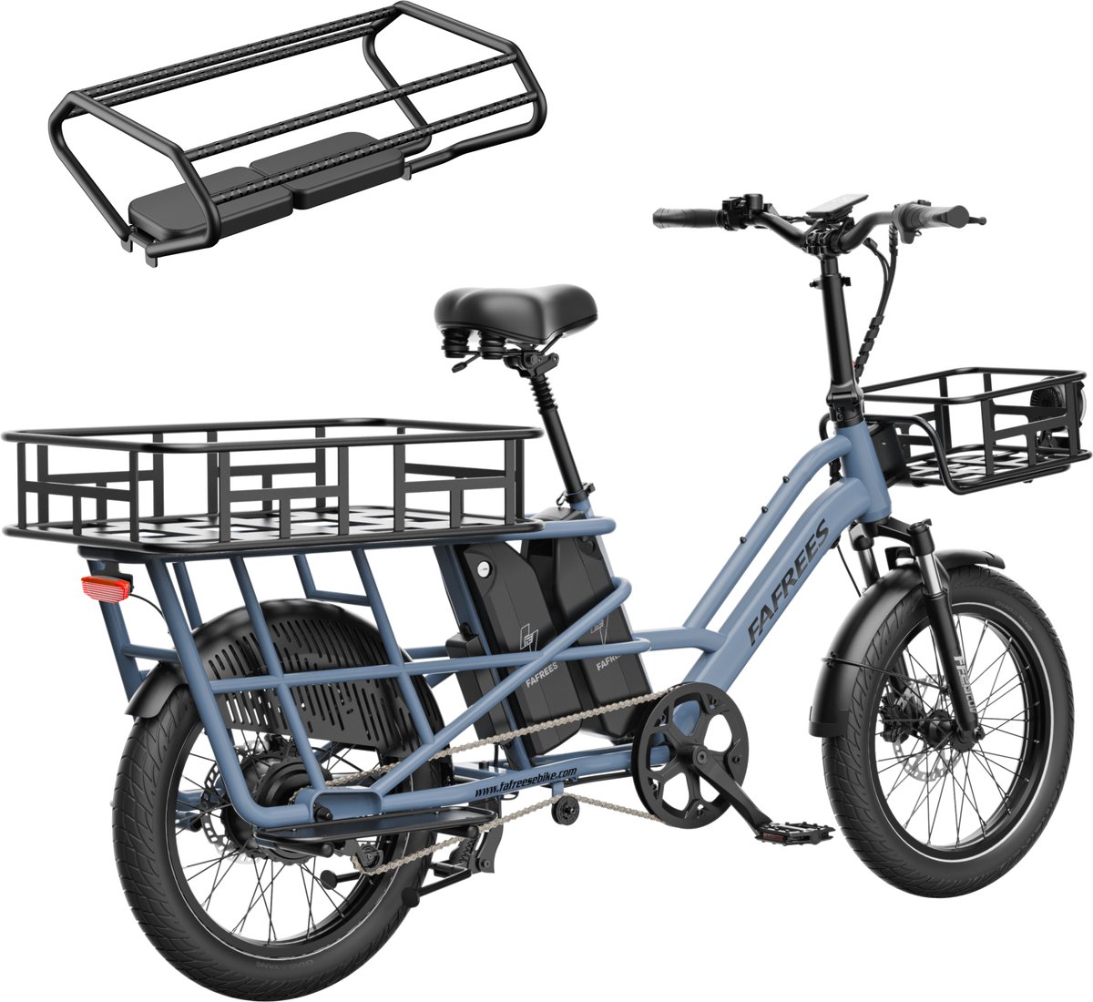 FAFREES 20 inch elektrische fiets met kinderzitjes – E-fiets – E-Bakfiets24Ah accu – maximaal 200kg draagvermogen – max 25km/u – tot 140km – voor gezinsuitjes en dagelijkse boodschappen –Blauw