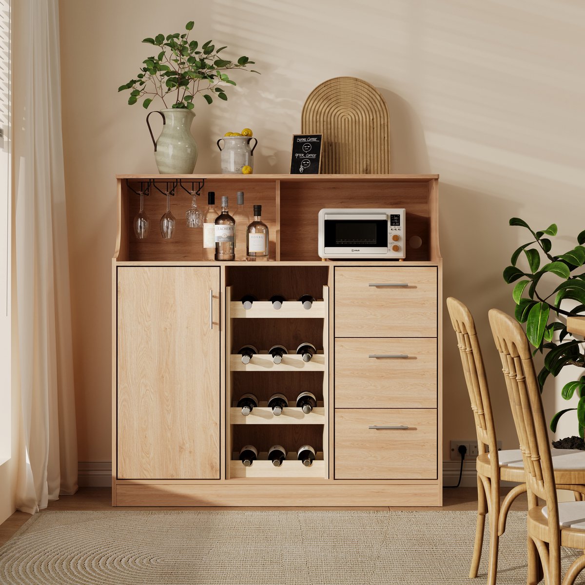 MODFU-Dressoir-Wijnkast-LED-Verlichting-Stopcontact-Glazenhouder-Wijnrek-Naturel