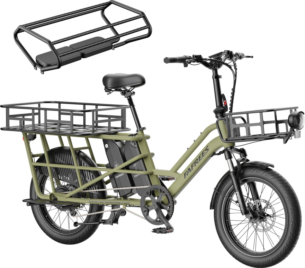 FAFREES 20 inch elektrische fiets met kinderzitjes – E-fiets – E-Bakfiets24Ah accu – maximaal 200kg draagvermogen – max 25km/u – tot 140km – voor gezinsuitjes en dagelijkse boodschappen –Groen