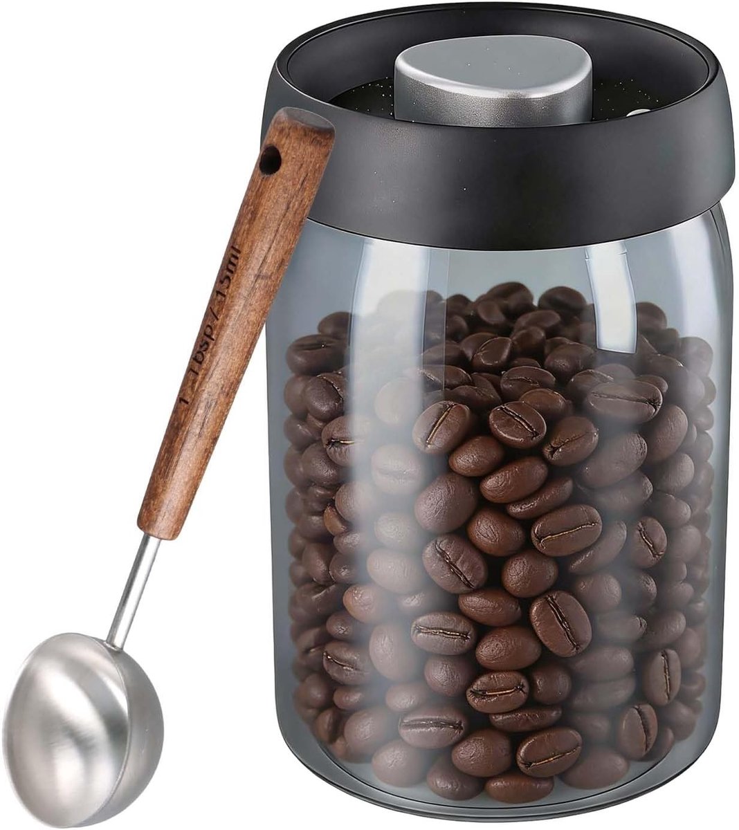 Vacuümcontainer van glas voor koffiebonen en specerijen, 1000 ml met deksel en lepel, ideaal voor versheid en opslag