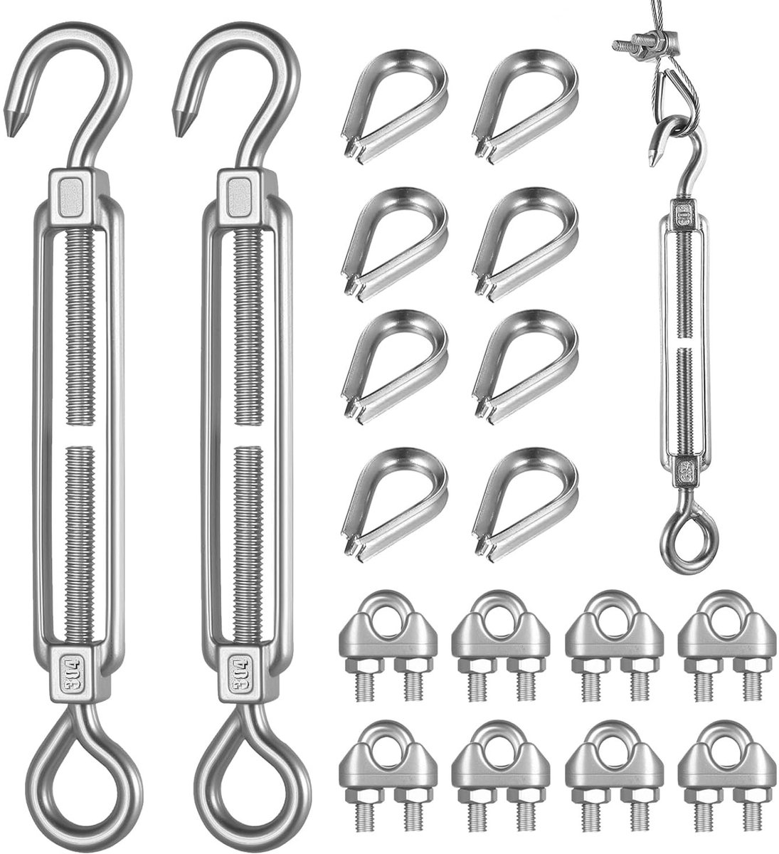 Set van 2 M6 Waslijnen met Draadspanners, RVS Tensioners met Haken en 8 Kabelclips voor Tuinhekken en Planten, Ideaal voor Buitengebruik en Tuinprojecten
