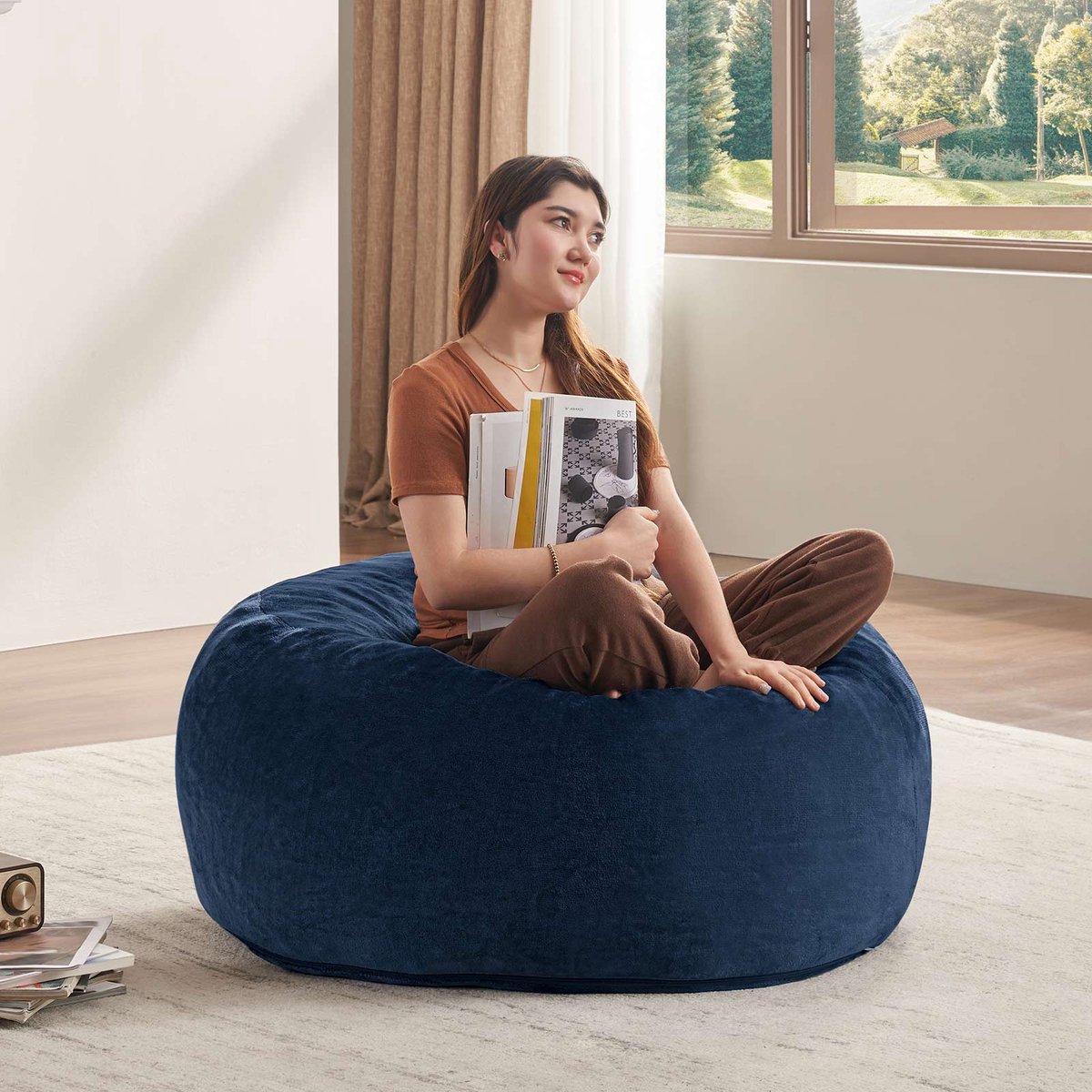 DESMIU Zitzak 90 x 90 x 50 cm - Zachte Vormbare Loungestoel En Tijdelijk Logeerbed - Voor Slaapkamer En Balkon - Fluweel Blauw