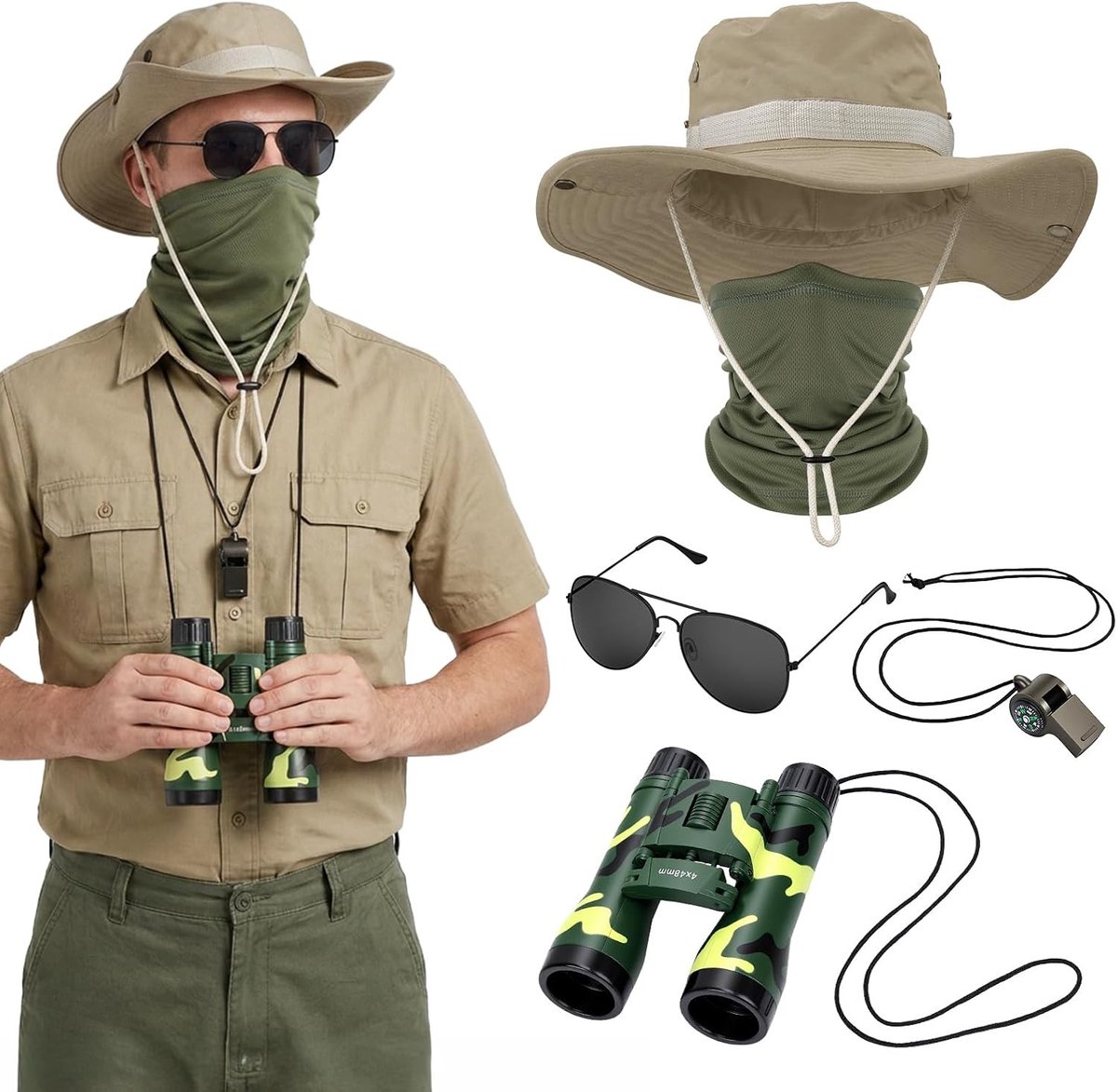 Safari Kostuum voor Mannen - 5-delige Set met UV Bescherming, Vouwbare Verrekijker, Ademend Masker, Zonnebril en Fluit voor Wandelen en Avontuurlijke Buitenactiviteiten