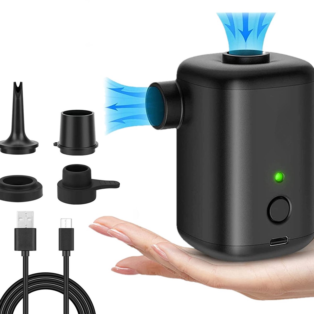 Oplaadbare USB Elektrische Luchtpomp en Vacuümpomp met 4 Verschillende Mondstukken en Opbergtas, Draagbaar voor Vacuümzakken, Zwembandjes, Luchtbedden en Opblaasartikelen