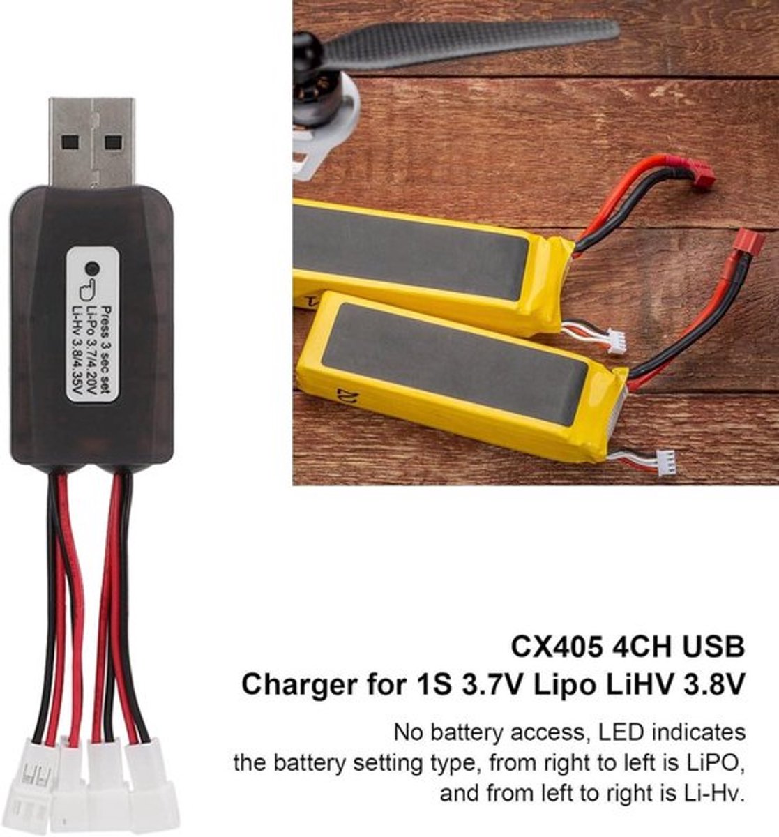 4-kanaals Micro USB-oplader voor 1S Lipo batterijen - Ideaal voor RC-helikopters