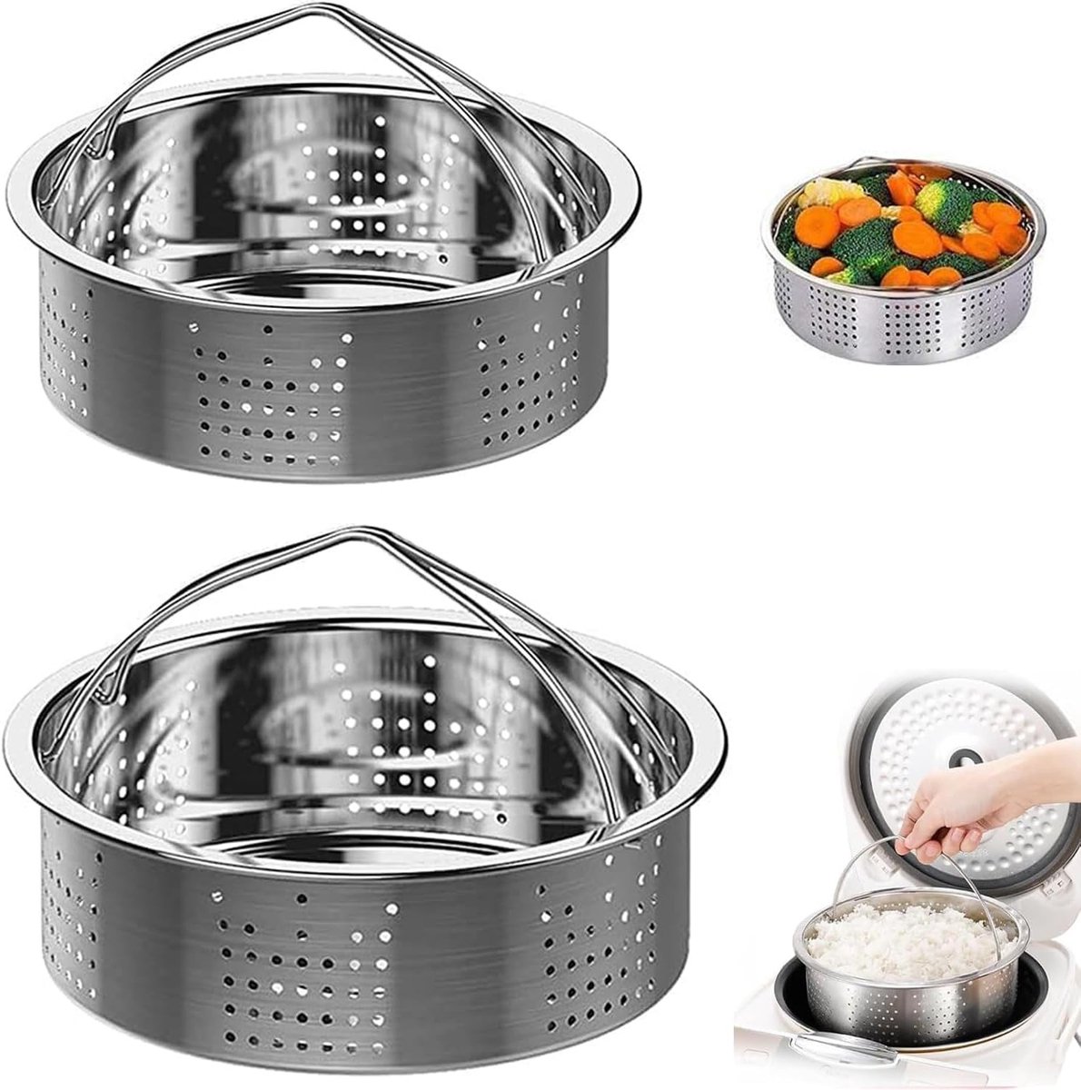 Stoommanden van roestvrij staal voor stoomkoken, ideaal voor groenten en rijst, 2 stuks (17 cm, 21 cm)