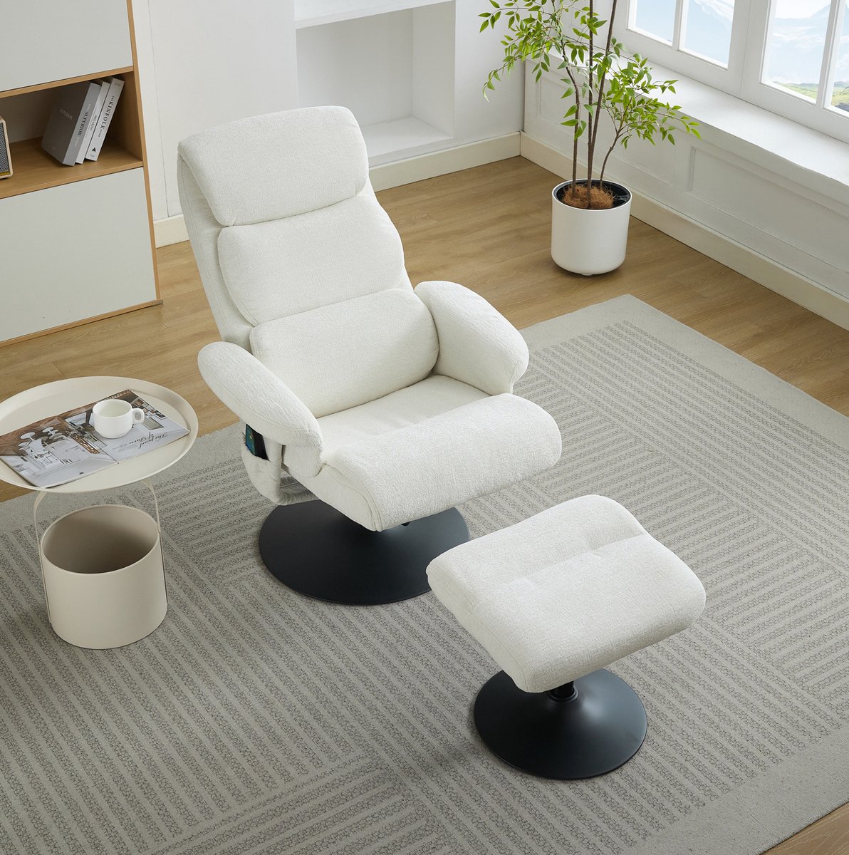 FloraGrace Relaxfauteuil Met 5-Punts Massage En Verwarming - 360° Draaibaar Met Hocker - Woonkamer Slaapkamer - Chenille - Wit