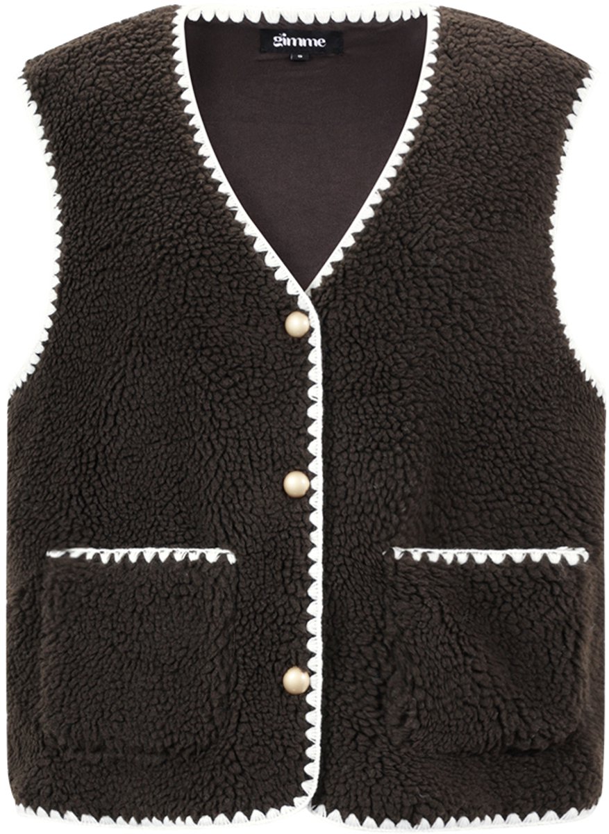 Comfortabel Geweven Polyester Damesvest met Contrasterende Naden - Donkerbuin - Maat S