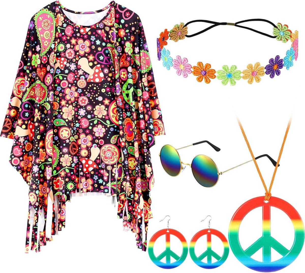 Hippie Kostuum Set van 5 voor Vrouwen met Tie Dye Poncho, Bloemen Haarband, Retro Zonnebril en Vredesteken Sieraden voor Feestoutfits