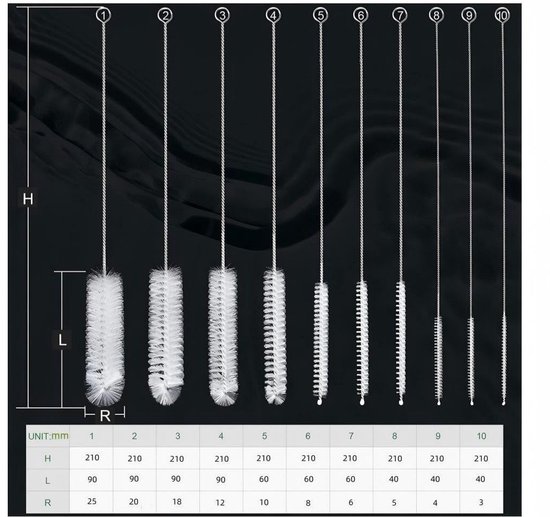 10-delige flessenborstelset, nylon reinigingsborstel voor bekers, geschikt voor rietjes en tuitjes, perfect voor flessen met een smalle hals, babyflesjes, potjes en theepottuitjes,Transparante 10-delige set — afbeelding 3