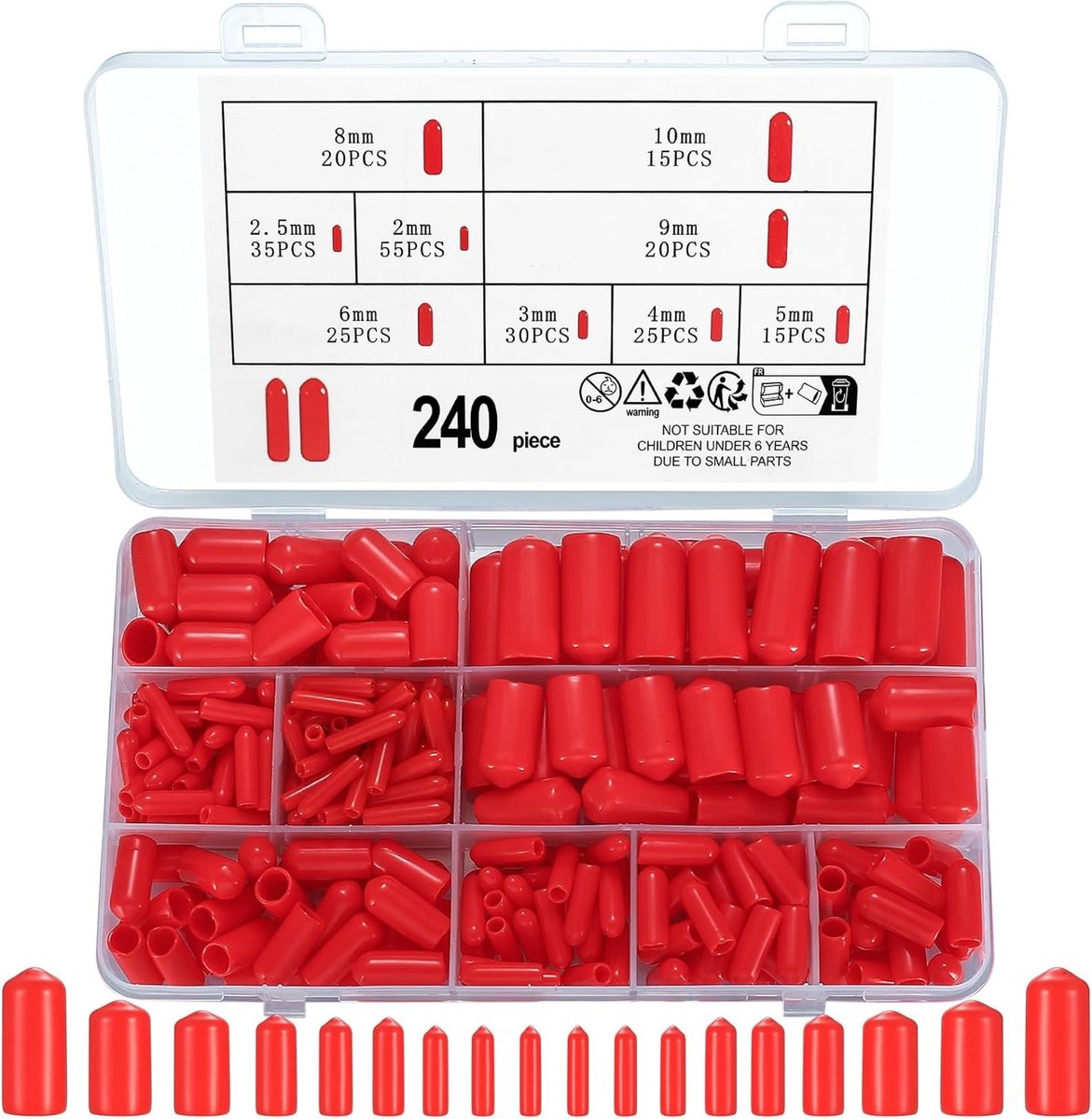 240 Stuks Rubber Eindkappen voor Bescherming van Schroefdraad, Ronde Buiskappen en Deksel voor Meubelpoten in Rood, Geschikt voor 2-10 mm Diameter