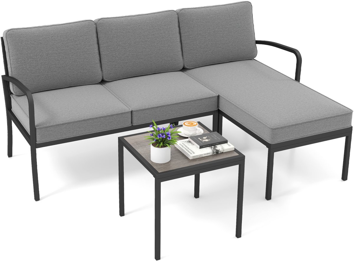 COSTWAY Tuinlounge 3-delig, tuinmeubelset, outdoor lounge met tafel en kussens, terrasmeubels, zitgroep voor tuin, terras, balkon