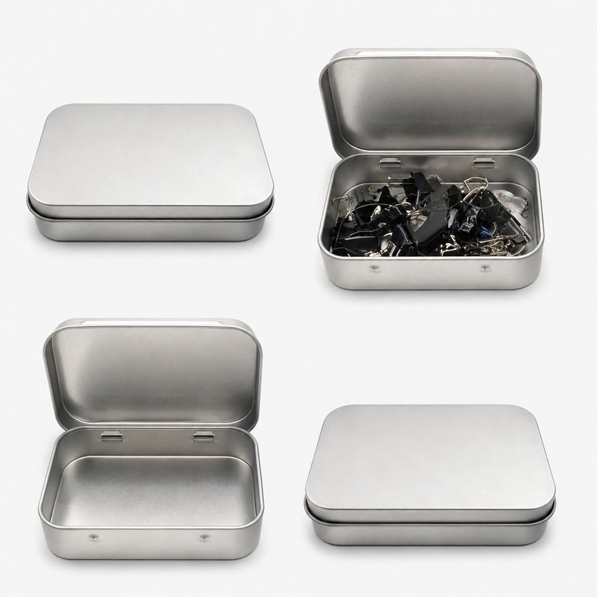 Set van 4 Kleine Rechthoekige Metalen Blikken met Deksel, Ideaal voor Opslag van Munten, Pillen en Snoep, Perfect voor Tassen en Reizen, Afmetingen 9.5 x 6 x 2.3 cm