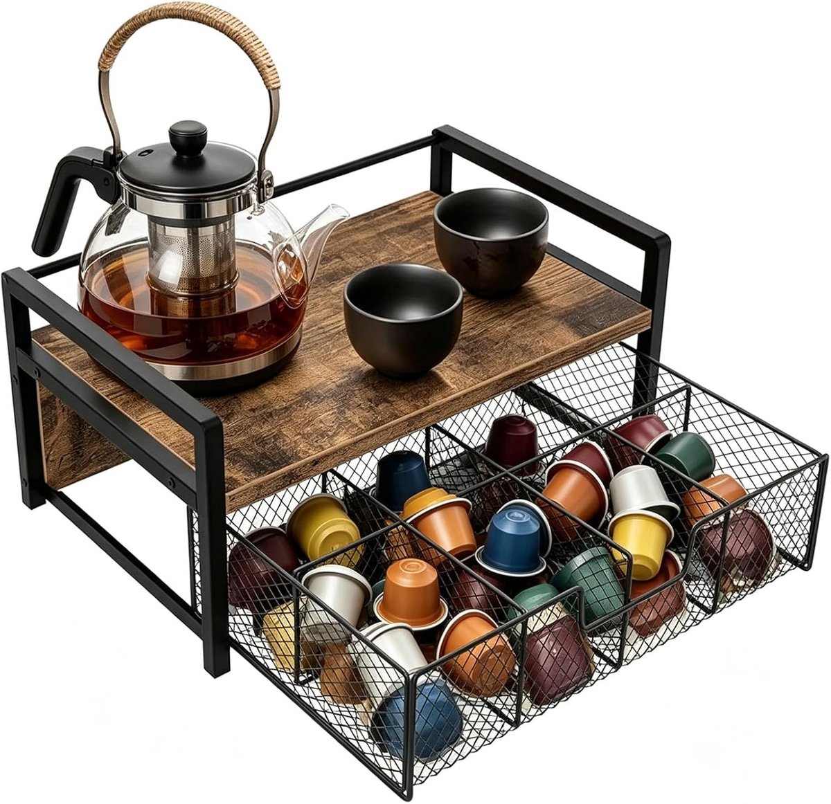 Theebox met lade en 8 vakken voor theezakjes, houten en metalen organizer voor keuken en koffiebar, ideaal voor theeopslag en sorteren van kruiden