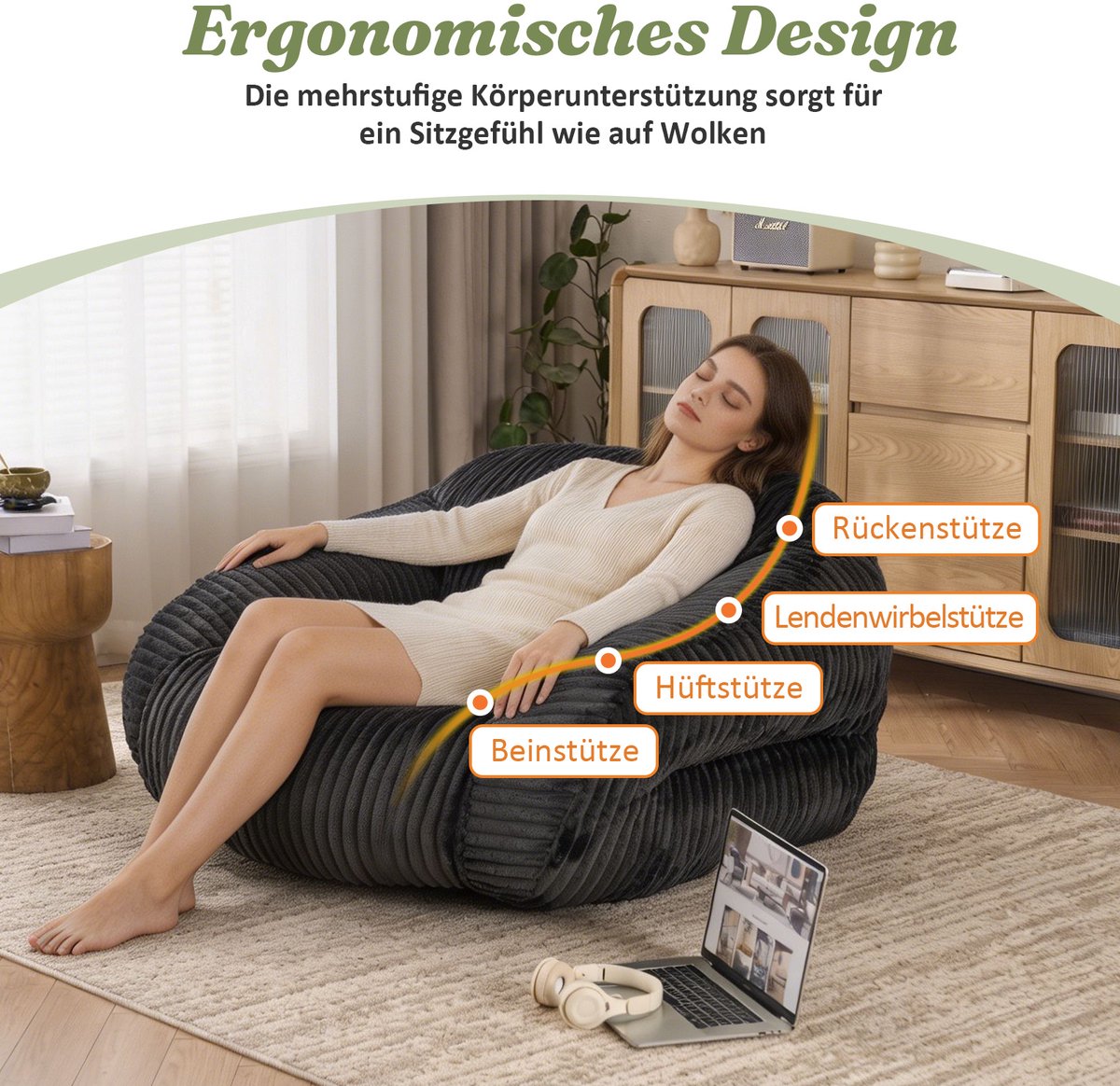 HAUSS SPOLE Zitzak - Loungestoel Voor Volwassenen - Ergonomische Rugleuning En Voorgevuld Schuim - Voor Woonkamer En Slaapkamer - Cord Donkergrijs