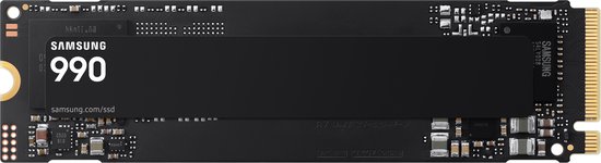Zwarte Samsung 990 M.2 SSD met Samsung logo en '990' in witte letters. PCIe 4.0.