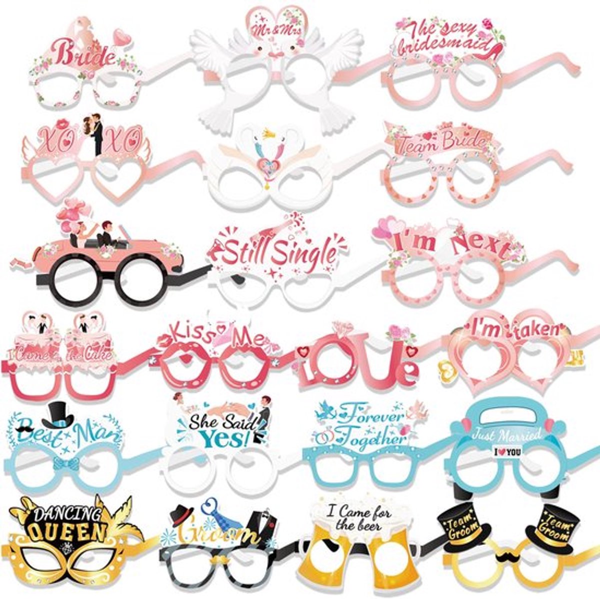 21 stuks grappige bruiloftsfeestbrillen foto-rekwisieten, papieren vrijgezellenfeestbrillen voor bruidsdouche, bruiloft, gastgeschenken, accessoires, Just Married, Mr & Mrs, team bruid bruidegom