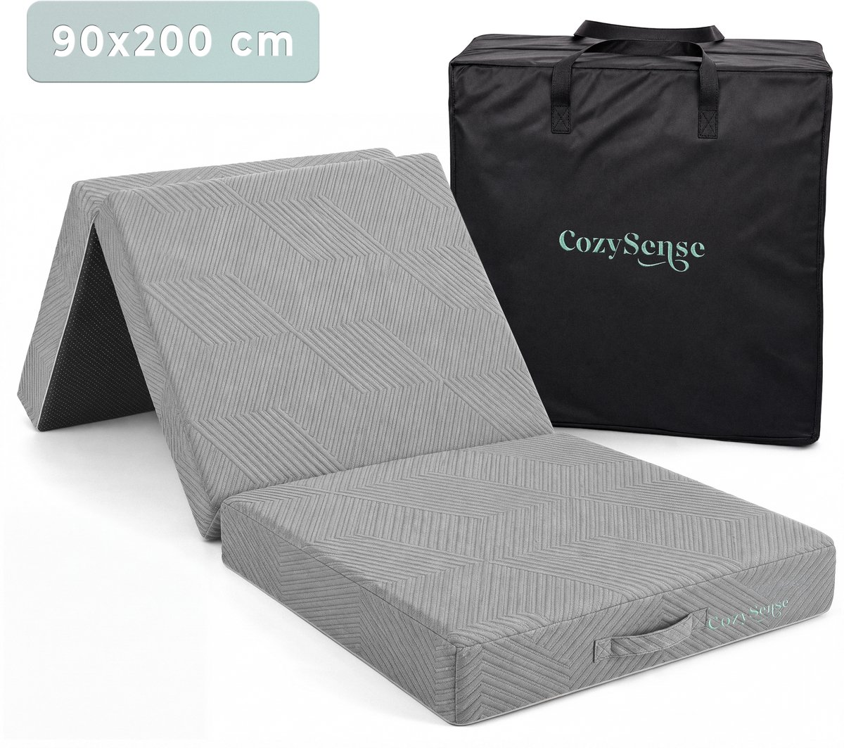 CozySense® Opvouwbare Matras 90x200 cm – Logeermatras – Vouwmatras – Gel Traagschuim – Afneembare Hoes & Draagtas – 15 cm Dik – Medium