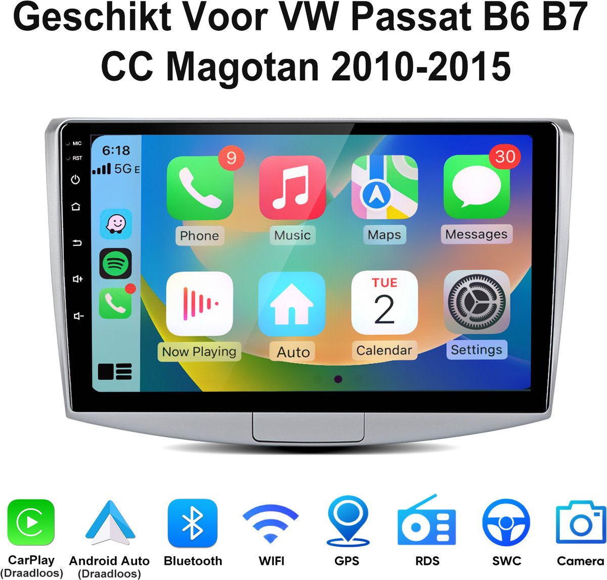Junsun Android 15 Autoradio Geschikt Voor VW Passat B6 B7 CC Magotan 2010-2015 - 4GB+64GB - Draadloze CarPlay & Andriod Auto - GPS-navigatiesysteem - Bluetooth - Stuurwielbediening - WiFi - 10,1-inch Touchscreen - RDS - USB