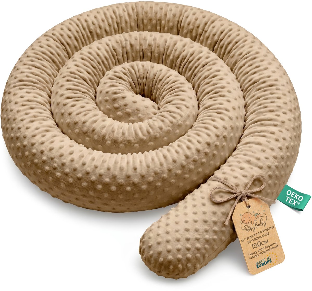 XXL bedslang bedkussen voedingskussen bedrol bedrandbescherming sierkussen bedomranding slang XL handgemaakt Beige 150 cm Oeko-Tex-certificaat