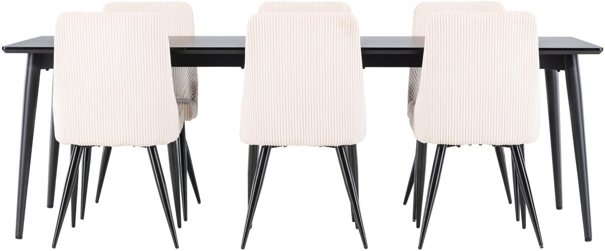 Ellis eethoek eettafel zwart 6 stoelen fluweel beige.