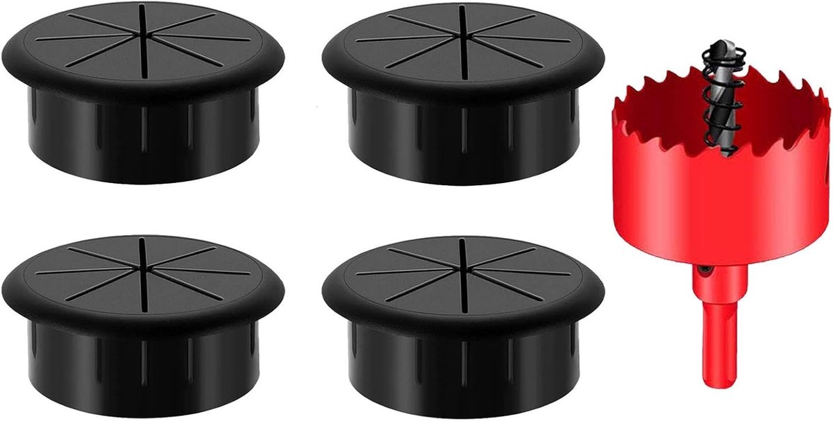 Set van 4 Kabeldoorvoeren voor Bureaus, 60mm, Ideaal voor Kantoor en Thuis, Inclusief 1 Boor (Zwart)