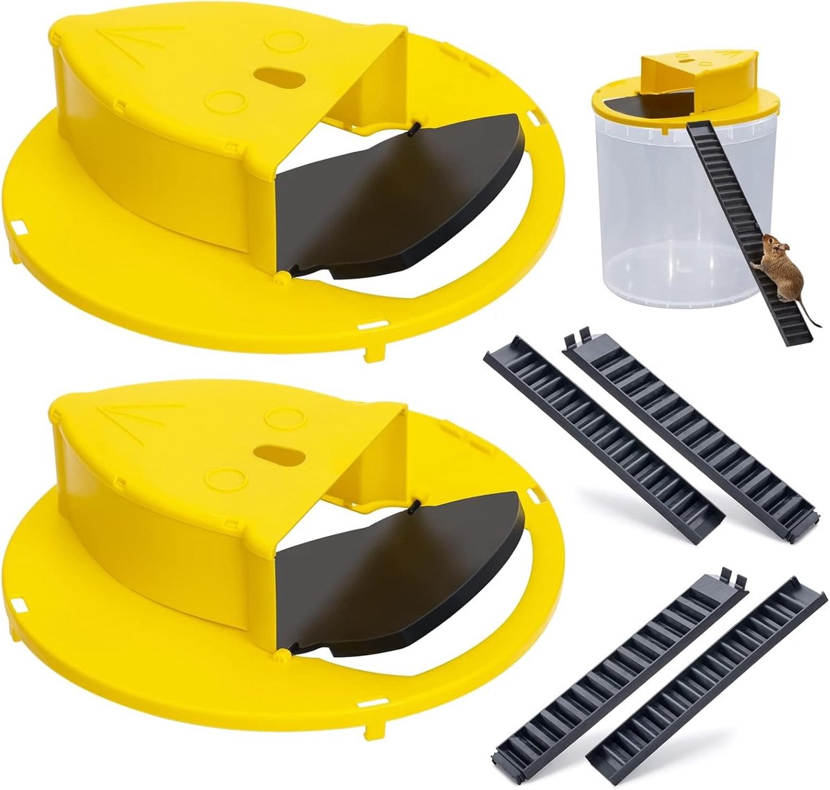 2 Stuks muizenval - levende rattenval van kunststof - Diervriendelijk - Exclusief Emmer - voor het vangen van meerdere muizen tegelijk - muizenval voor binnen en buiten - geschikt voor vaten van 5 gallon - geel en zwart