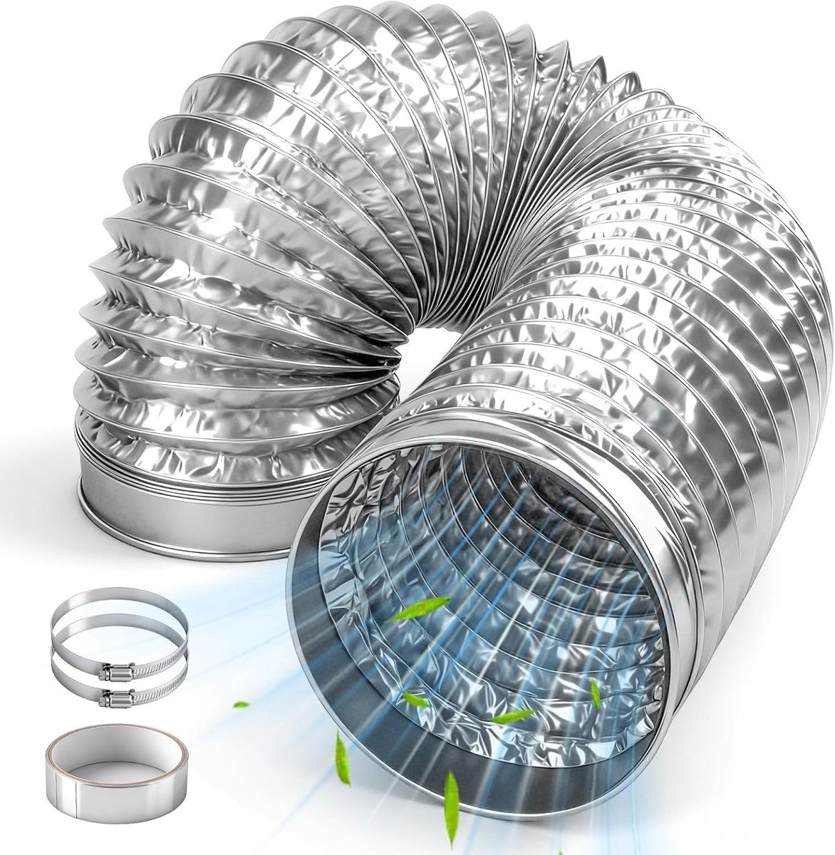 Flexibele ventilatie- en afvoerslang 150 mm x 1,5 m met RVS slangklemmen en aluminium tape voor afzuigkap en ventilator