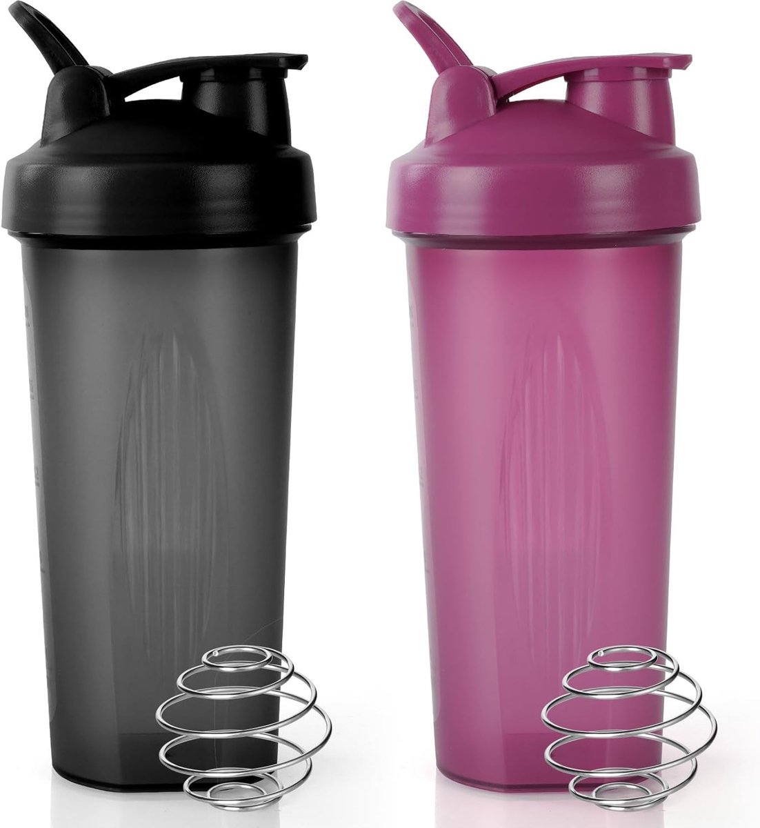 2 Pack Protein Shaker 600 ml, Lekvrije Shakebeker met Mixbal, Ideaal voor Fitness en Eiwitshakes (Zwart + Paars)