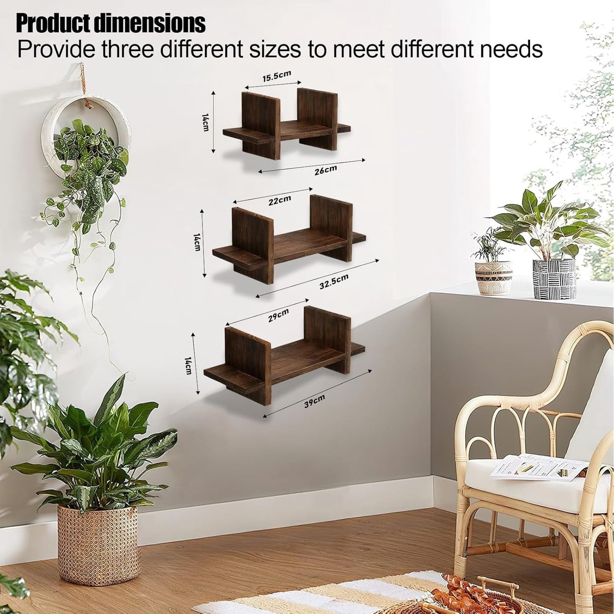Set van 3 zwevende wandplanken van hout voor woonkamer, keuken en slaapkamer, wanddecoratie en opbergrek (bruin)