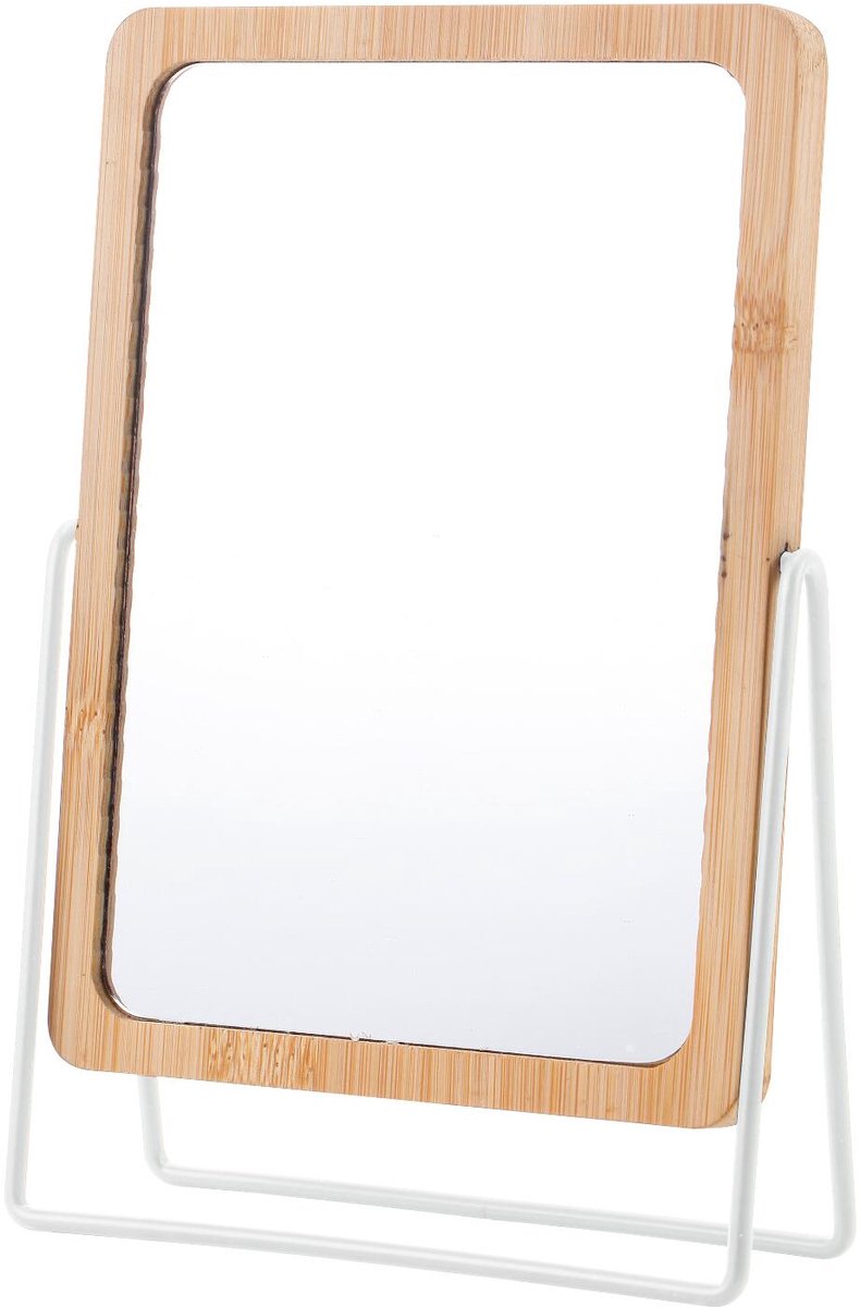 Berilo Make-up spiegel - 16 x 22 cm - wit - metaal/bamboe - kaptafel spiegel - tafelmodel