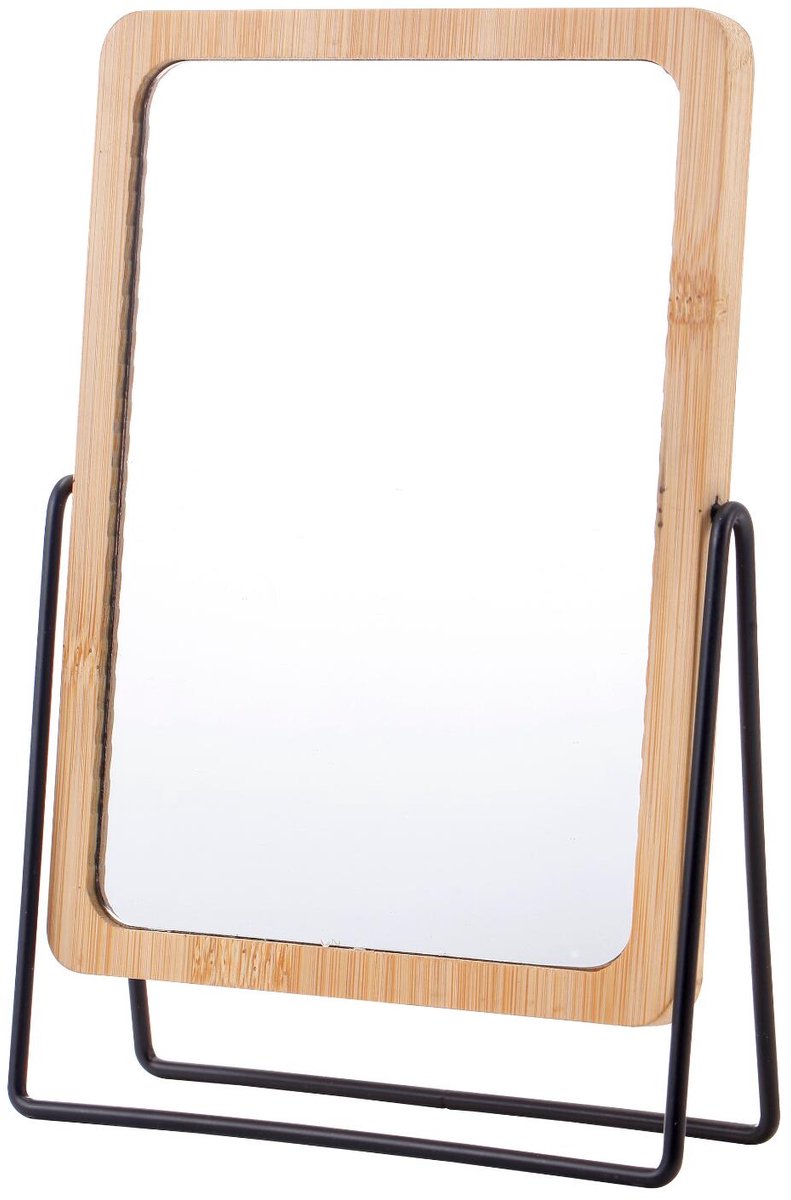 Berilo Make-up spiegel - 16 x 22 cm - zwart - metaal/bamboe - kaptafel spiegel - tafelmodel