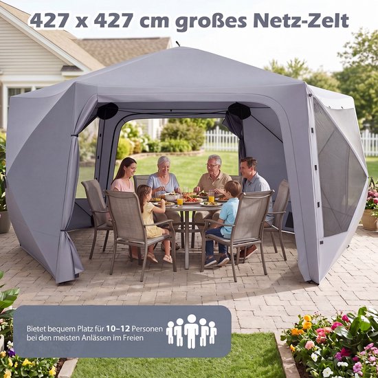 COSTWAY Pop-up paviljoen, 427 x 427 cm, tuinpaviljoen voor 10-12 personen - Partytent met 6 zijdelen en muggennetten, campingtent met draagbare roltas, voor tuin, terras en camping van Costway — afbeelding 4