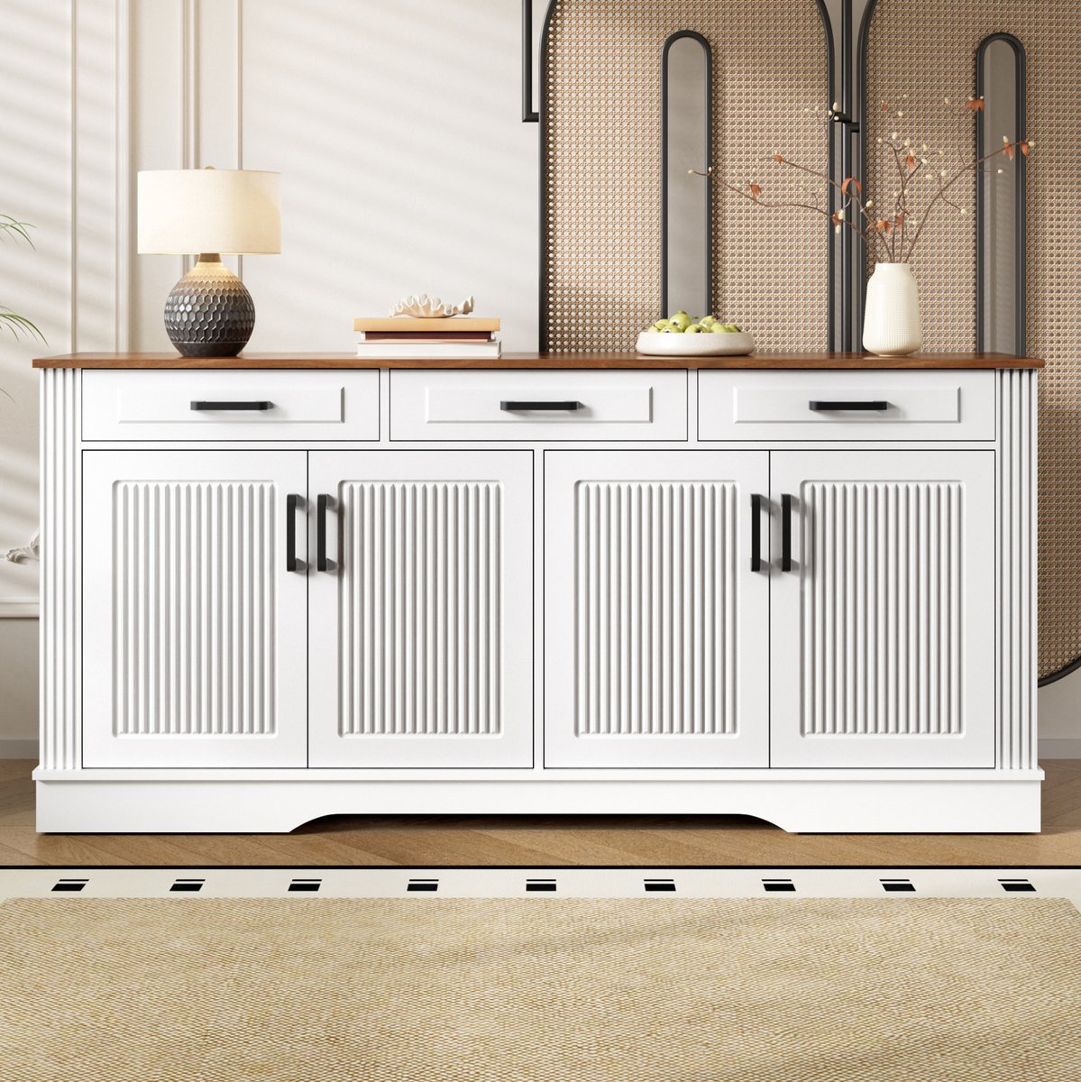 HAUSS SPOLE Dressoir - Verticale Ribbeldeuren Met 3 Laden En 4 Deuren - Voor Woonkamer, Eetkamer En Hal - MDF - 160x40x75 Cm - Wit