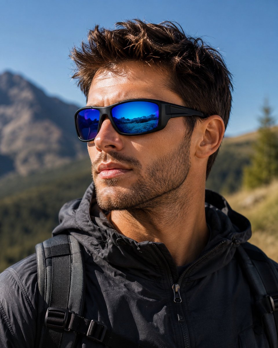 WK Amoy TR-90 Extra Light+Flexible Zonnebril- TAC polarized UV400 lens met anti reflectie laag-100% verwering van UVA,UVB,UVC - TR-90 Strong +light+Flexible Frame - Mat zwart montuur met blauwe REVO coating Sportzonnebril