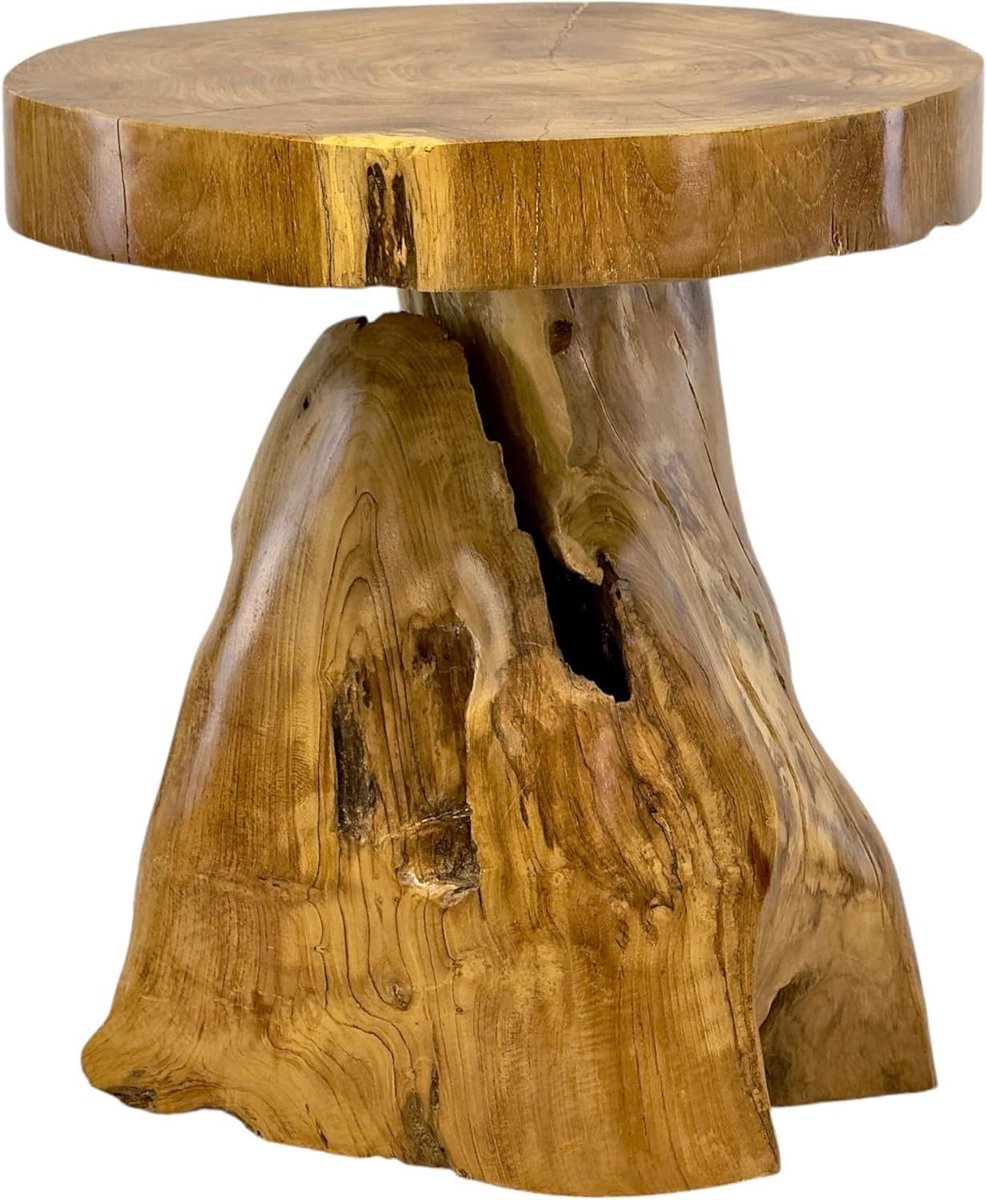 Houten bijzettafel - Bloemenkruk Opbergtafel - Decoratief Meubelstuk - Handgemaakt Uniek Design - 40 x 40 x 45 cm - Naturel